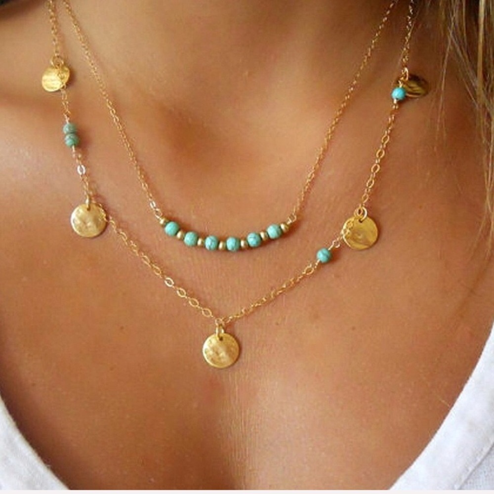 Kingman Turquoise Beaded Boho Indie Gold Necklace - Picture 3 of 4